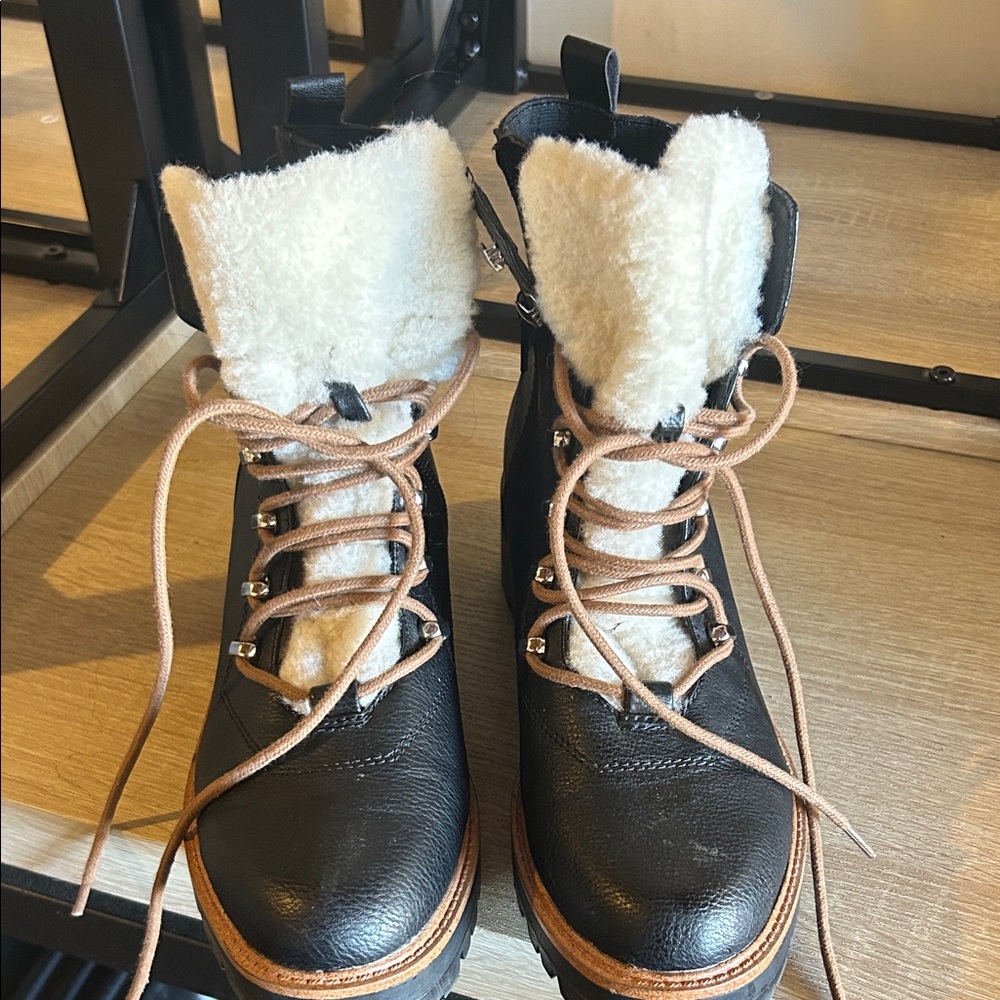 Women’s Black Faux-Shearling Lace-Up Ankle Boots with Tan Accents